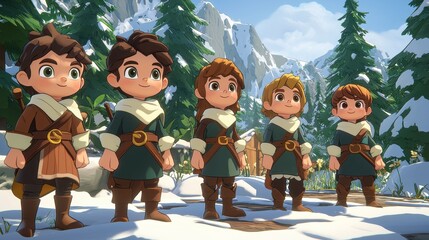 Five animated characters stand in a snowy landscape, dressed in cozy attire, surrounded by tall trees and mountains, exuding a sense of adventure and camaraderie.