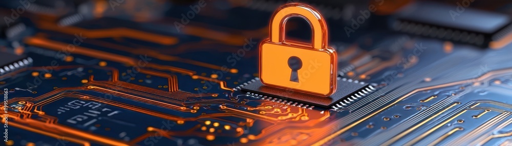 Poster a digital lock symbol on a circuit board, representing cybersecurity and data protection in a modern