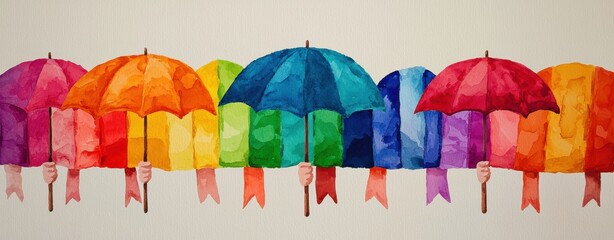 A colorful array of painted umbrellas, showcasing a vibrant spectrum of hues, arranged in a visually appealing manner.