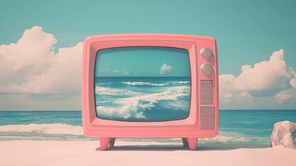 A retro pink television displaying ocean waves, set against a sunny beach backdrop with turquoise water and fluffy white clouds, blending nostalgic vibes with summer aesthetics