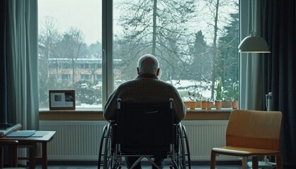 An elderly man in a wheelchair gazes out the window of a nursing home.