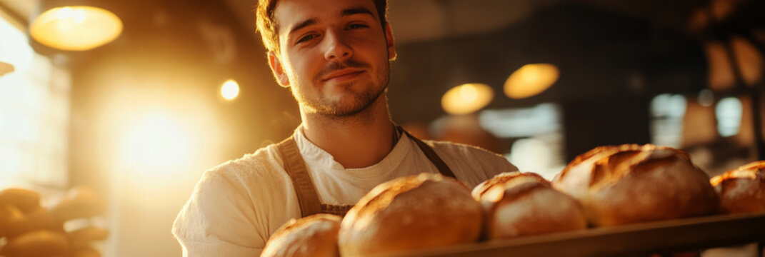 A male artisan baker presents a tray of freshly baked bread, with golden lighting casting a warm glow on the golden crust, banner