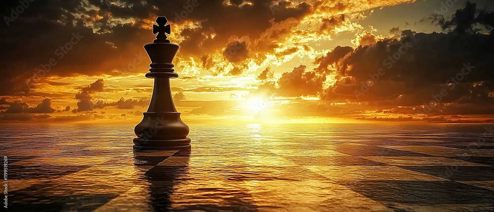 Poster sunset backdrop highlights a lone chess piece on the ocean, creating an atmosphere of reflection and
