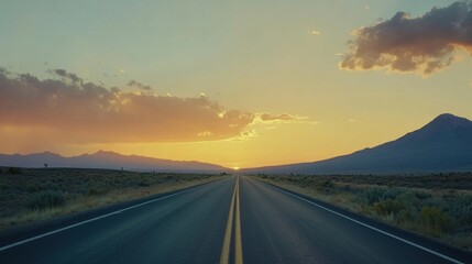 Scenic road trip background with an open road stretching towards mountains under a sunset sky