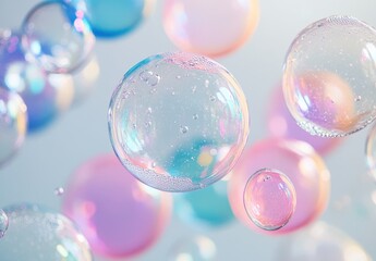 Fototapeta premium Colorful Soap Bubbles Floating Gracefully Against a Soft Background, Capturing the Beauty of Light Reflections and the Delicate Nature of Bubbles in Various Sizes