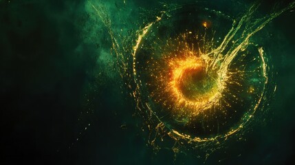 Glowing golden liquid swirling in a dark green cosmic background, forming a circular shape with splashing effects.