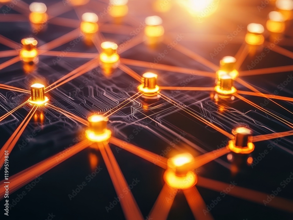 Poster a network of glowing nodes interconnected by vibrant lines, symbolizing technology, data flow, and d