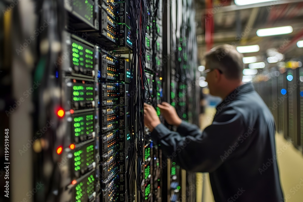 Poster technologist working on server racks data center network technician modern technology digital infras