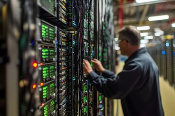 Technologist Working on Server Racks Data Center Network Technician Modern Technology Digital Infrastructure Powerful Computing System Advanced Technology IT   
