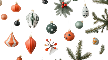 A collection of colorful Christmas ornaments and pine branches isolated on a white background, ideal for holiday-themed designs.
