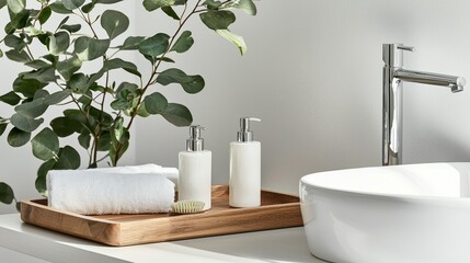 Fototapeta premium A serene bathroom setup featuring elegant soap dispensers, a soft towel, and lush greenery on a wooden tray.