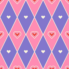 Seamless geometric pattern with diamond shapes in trendy pink and purple shades. Retro-inspired design in minimalist geometry style for girly-themed projects. Argyle, preppy pattern