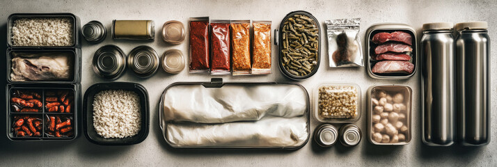 Freeze-dried meals, canned meats, and vacuum-packed rice are part of this survival food kit, set on a white concrete surface, banner