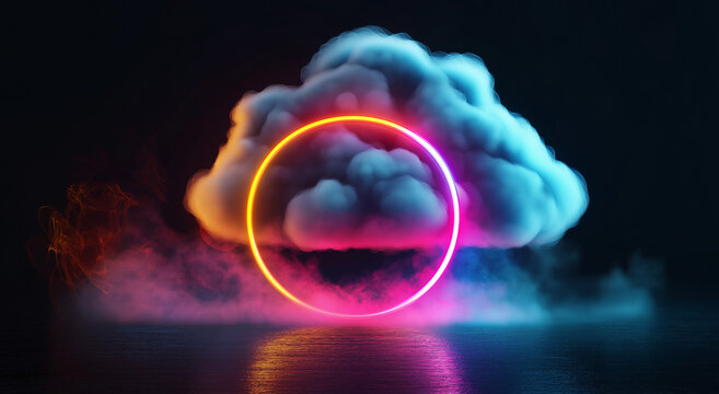 Abstract cloud illuminated with a neon light ring on a dark background.