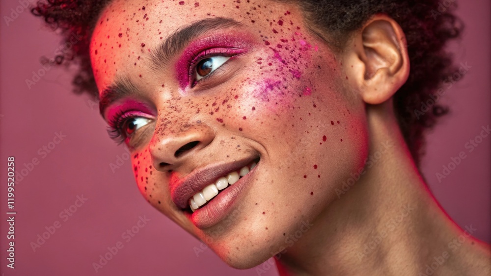 Poster a playful portrait of an individual with an array of deep red and fuchsia freckles sprinkled across 