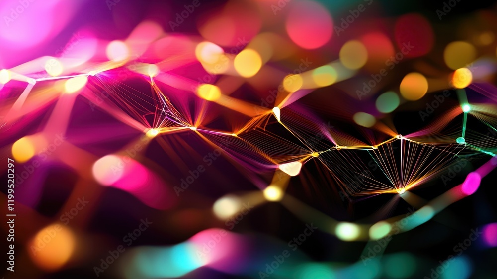 Poster a vibrant, abstract image showcasing colorful light patterns and interconnected lines, evoking a sen