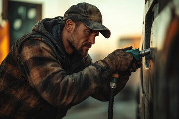 Fototapeta premium A male truck driver fuels his truck at a roadside station, wearing a trucker hat and worn gloves, ready for the next journey