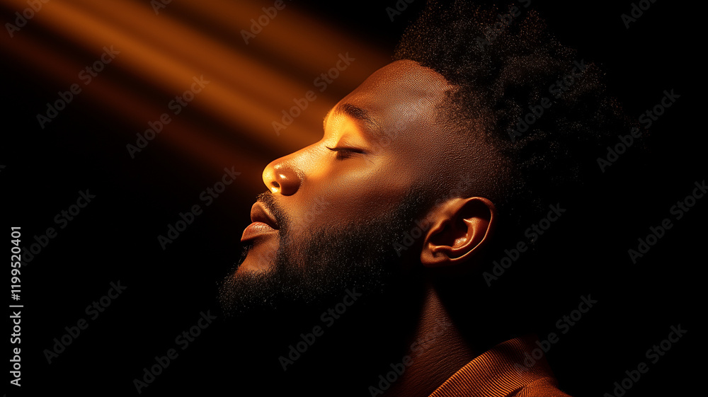 Poster serene profile of man with beard, illuminated by warm light, exuding calmness and confidence. soft g