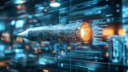 A high-tech defense laboratory where advanced missile systems are being assembled, glowing digital interfaces, and engineers at work, weapons technology,