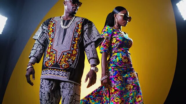 Professional studio photoshoot highlighting african fashion elegance, featuring two models wearing vibrant traditional clothing against bright yellow background