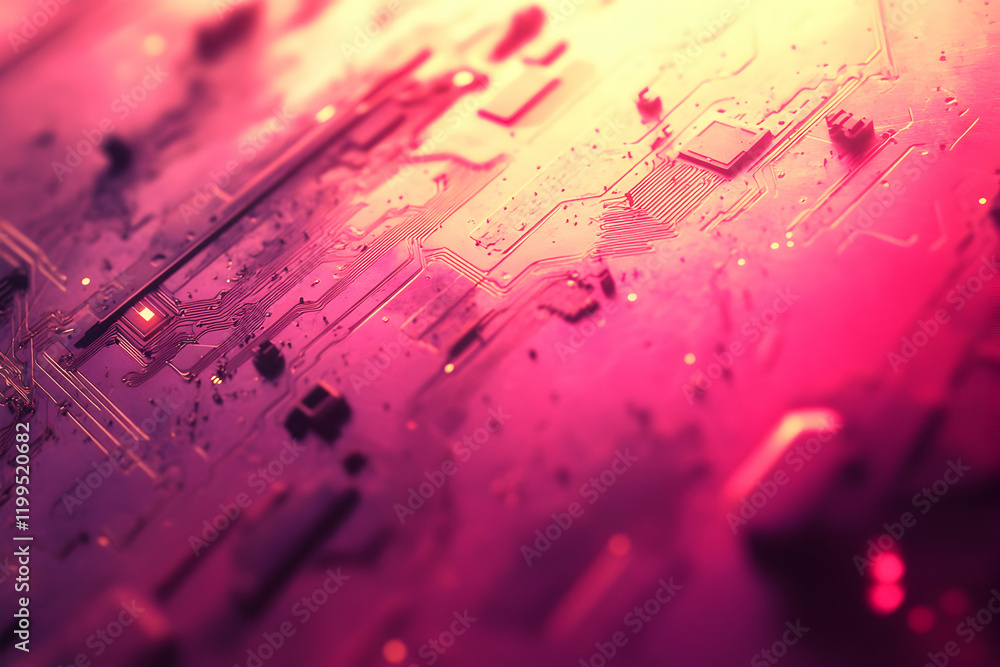 Poster abstract close-up of a vibrant pink circuit board, showcasing intricate pathways and technological c
