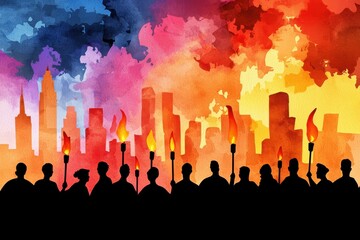 A vibrant silhouette of a crowd holding torches against a colorful skyline, depicting unity, protest, or celebration in an artistic watercolor style.