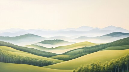 Serene spring landscape with rolling green hills and distant misty mountains