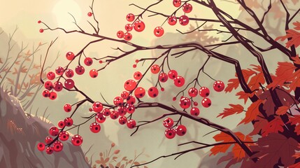 Autumn Forest Red Berry on Twig Illustration: Vibrant Cartoon Style