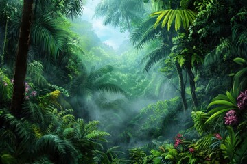 Lush Tropical Rainforest with Fog and Sunlight Filtering Through the Canopy