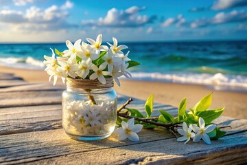 Serene Beachscape: Jasmine Jar and Coastal Calm - Stock Photo