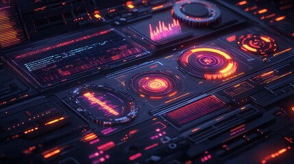 Fototapeta premium Abstract business process representation with gears, digital charts, and tech elements, showcasing industrial innovation and operational efficiency.