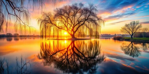 Serene Willow Weeping Over Pond: Double Exposure Nature Photography