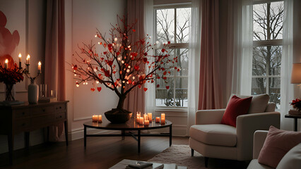 A grand minimalist Valentine's tree standing as the centerpiece of a cozy living room, adorned with delicate heart-shaped ornaments in shades of red, pink, and white, illuminated by soft white light.