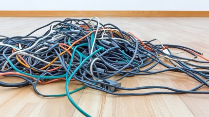 Tangled cable power cords creating a cluttered and disorganized mess on a workplace floor. Concept of electrical hazards, poor cable management, and office safety concerns