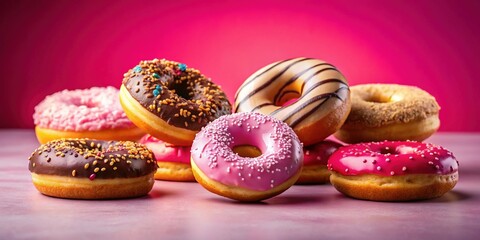 Silhouette of Assorted Donuts on Vibrant Pink Background - Delicious Pastry Stock Photo