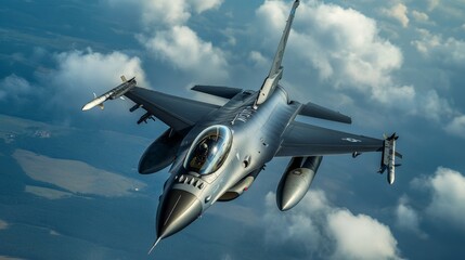 Fototapeta premium A high-tech military aircraft soaring through the skies with advanced stealth technology, cutting-edge design, and weaponry, aviation in military operations,