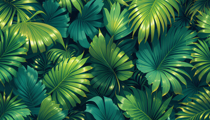 Lively and fresh large palm leaf pattern in bright green, accented with gold highlights