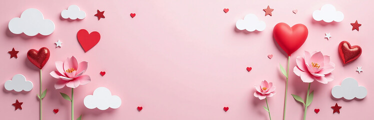 Horizontal Banner With Pink Background Featuring Glittering Hearts, Stars, Flowers, And Space For Text Surrounded By Paper Cut Clouds. 00002