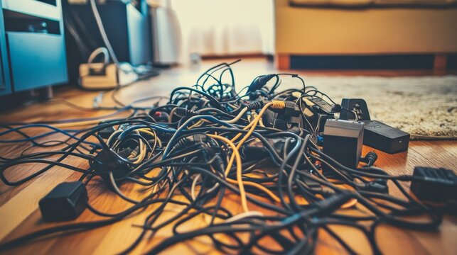 Tangled cable power cords creating a cluttered and disorganized mess on a workplace floor. Concept of electrical hazards, poor cable management, and office safety concerns
