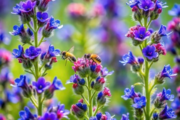 Fototapeta premium Vibrant Common Bugloss Flowers Attracting Busy Bees & Pollinators