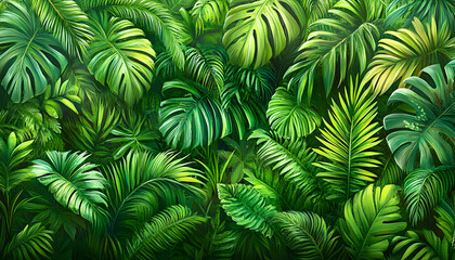 Lush vibrant tropical foliage, diverse green leaves, jungle background, botanical illustration. Ideal for wallpaper, textile prints, or vibrant nature designs.