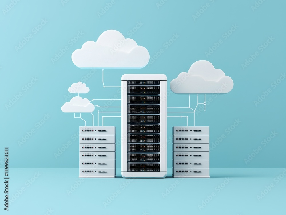 Poster a modern data center illustration with cloud computing elements, featuring server racks and stylized