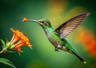 Fototapeta premium Vibrant Green Hummingbird Feeding on Orange Flower - Bird Day Stock Photo