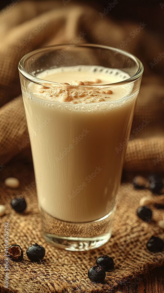 Poster creamy beverage served in glass with nuts resting on burlap background in warm ambient lighting. gen