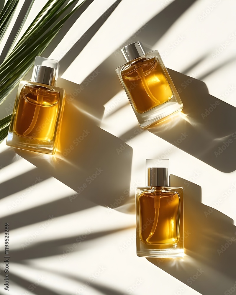 Poster three elegant perfume bottles casting shadows on a light surface with a palm leaf backdrop.
