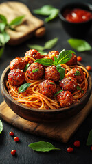 Savoring spaghetti with meatballs and fresh basil on a rustic wooden board in a cozy kitchen setting. Generative AI