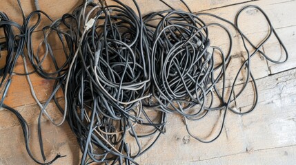 Tangled cable power cords creating a cluttered and disorganized mess on a workplace floor. Concept of electrical hazards, poor cable management, and office safety concerns