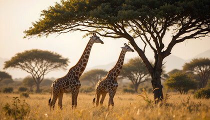 Obraz premium A pair of giraffes grazing gently in the tall trees of the African savanna