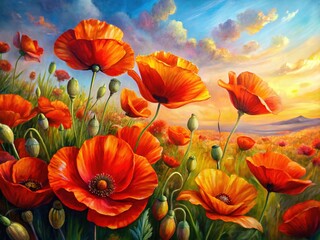 Obraz premium Vibrant Oil Painting of Poppies, Beautiful Floral Artwork with Copy Space