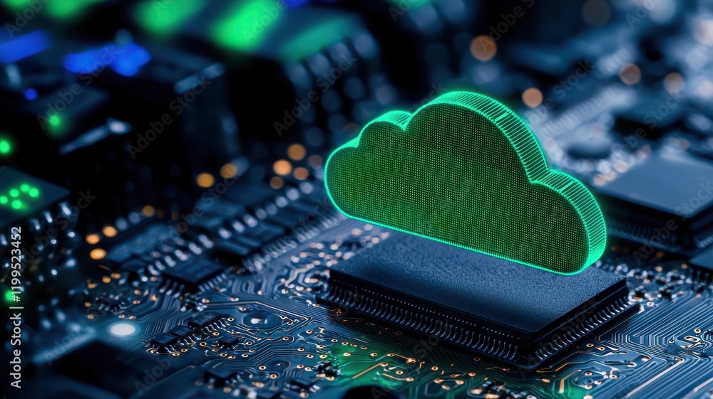 Aufkleber a glowing green cloud symbol over a circuit board, representing cloud computing and technology integ